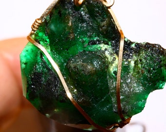 Huge Emerald Pendant Rare NC Gold Filled Wire Wrapped