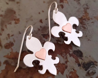 Fleur De Lis earrings, silver with copper heart