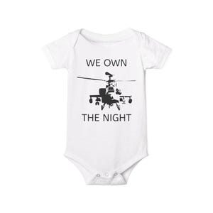AH-64 Apache Helicopter Baby Onesie, We Own the Night, Aviation Baby Bodysuit, Army Baby Shower Gift, Funny Infant Clothes, Military Gift