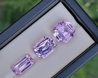 Natural Pink Kunzite Emerald Cut Trio Sparkling Faceted  Loose Gemstones for Jewelry Making