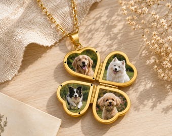 Custom Pet Photo Locket Necklace, Personalized Dog Memorial Gift,4 Photo Heart Locket, Pet Loss Gift, Custom Pet Picture Jewelry for Dog Mom