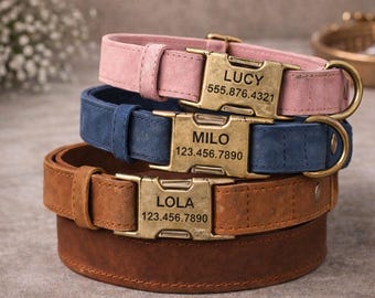 Personalized Leather Dog Collar with Engraved Name & Phone Number, Custom Pet ID Collar