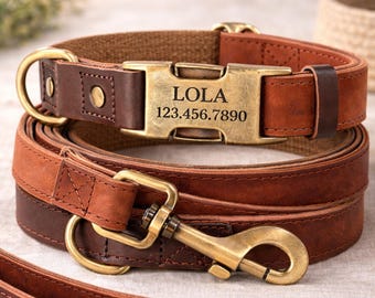 Personalized Leather Dog Collar with Leash, Engraved Name Buckle Dog Collar, Custom Dog Collar and Lead Set, Heavy Duty Brass Hardware