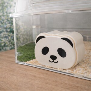 K&ouml;nnte beinhalten: Ein transparentes Haustierhabitat mit einem wei&szlig;en Panda-f&ouml;rmigen Versteck. Der Panda hat schwarze Augen und Ohren. Das Habitat enth&auml;lt gr&uuml;nes Moos und Holzsp&auml;ne.