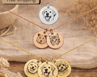 Custom Pet Portrait Necklace, Engraved Dog or Cat Memorial Keepsake Jewelry, Personalized Gift for Pet Lovers, Free Shipping