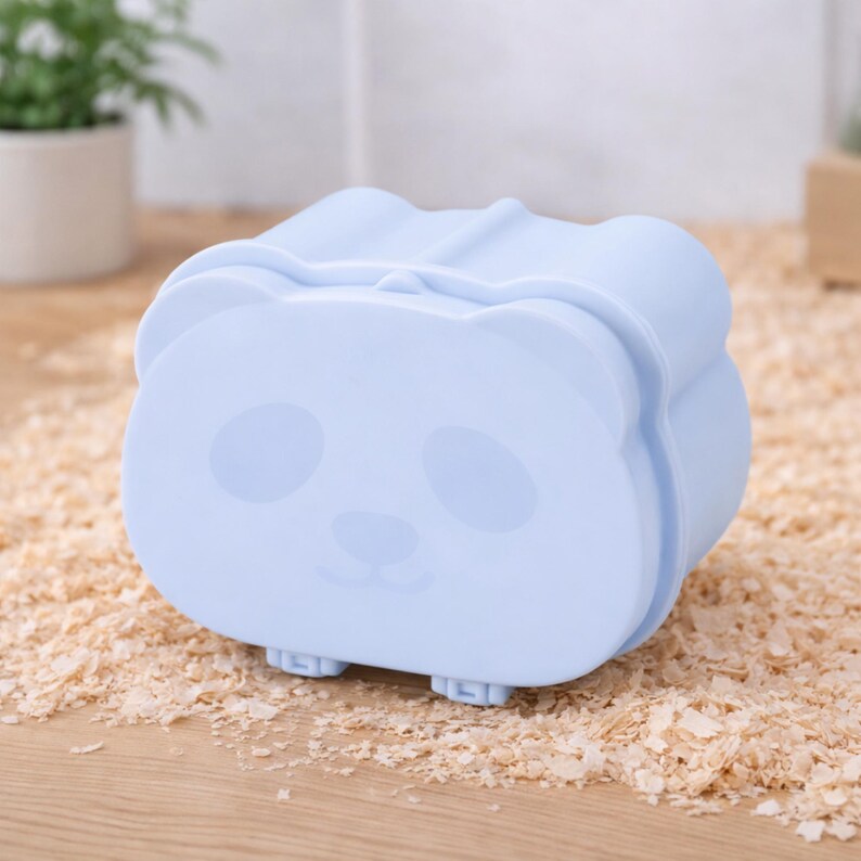 K&ouml;nnte beinhalten: Hellblauer, panda-f&ouml;rmiger Beh&auml;lter. Der Beh&auml;lter hat eine abgerundete rechteckige Form mit einem Panda-Gesicht-Design auf der Vorderseite. Das Panda-Gesicht hat zwei gro&szlig;e Augenzirkel, eine kleine Nase und einen l&auml;chelnden Mund.