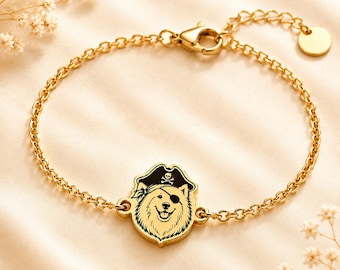 Custom Pet Photo Bracelet, Pirate Dog Charm, Personalized Pet Picture Jewelry, Engraved Memorial Gift for Dog Cat Lover