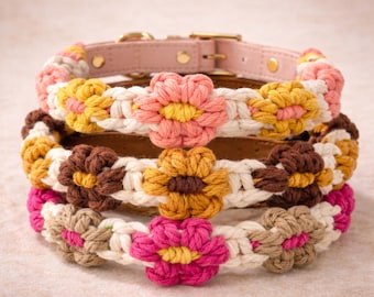 Crochet Flower Dog Collar, Handmade Daisy Dog Collar, Boho Floral Pet Collar, Adjustable Leather Dog Collar for Small Medium Dogs