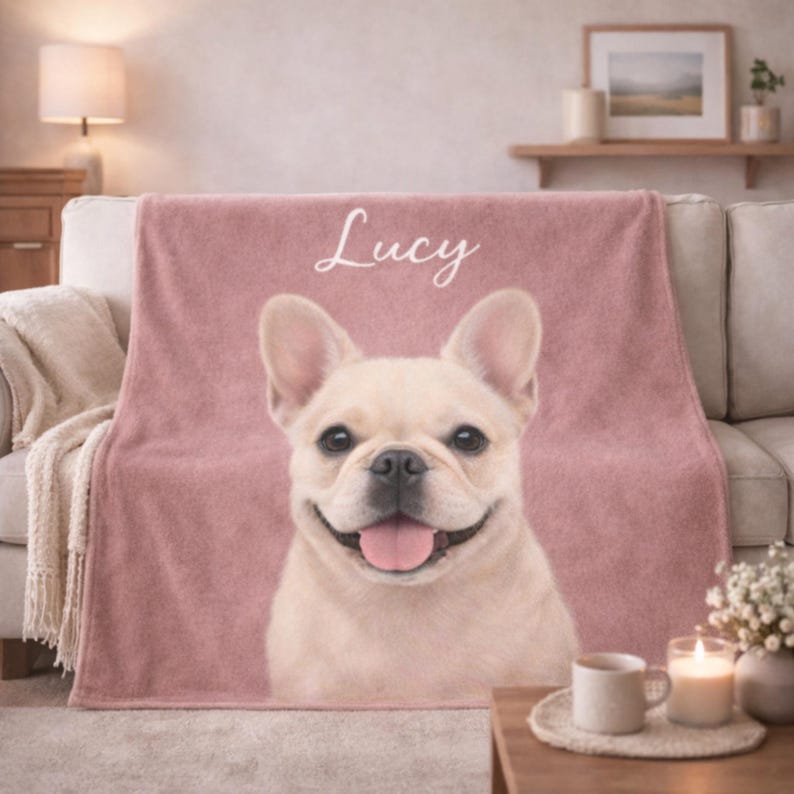 May include: A pink throw blanket featuring a smiling French Bulldog with its tongue out. The name "Lucy" is written in cursive across the top. The blanket is draped over a beige sofa.