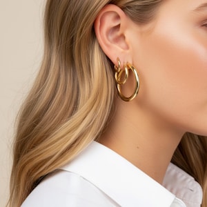 Gold Chunky Hoops Set, 925 Sterling Silver 3 Sizes Hoop Earrings, Mix and Match Ear Stack, Tiny Medium Large Bold Jewelry Gift