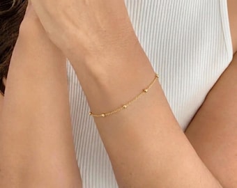 Dainty Beaded Satellite Chain bracelet, Sterling Silver Gold Plated, Layering Everyday Jewelry