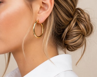 Gold Chunky Hoop Earrings, 925 Sterling Silver Thick Hoops, High Polish Luxury Jewelry, Classic Daily Hoops Gift