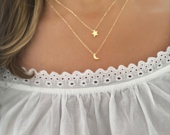 Dainty Crescent Moon & Star Necklace Set: Sterling Silver Celestial Jewelry