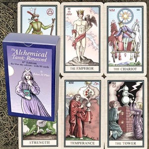 May include: A deck of tarot cards, "The Alchemical Tarot: Renewed," in a blue box with the text "6th Edition." The cards feature detailed illustrations of figures and symbols, including "The Emperor," "The Chariot," and "Strength."