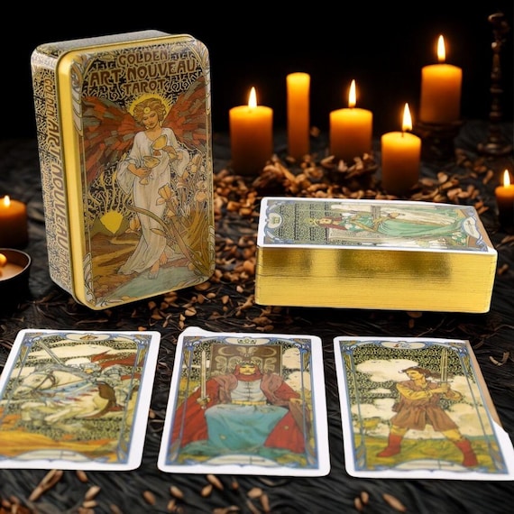 Golden Art Nouveau Tarot Deck in Tin Box, Luxury Edition, Gold