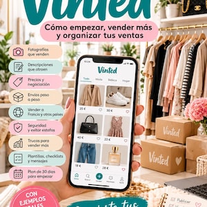 Puede incluir: Una portada de libro titulada Vender en Vinted que muestra un smartphone con la interfaz de la aplicación Vinted y anuncios de ropa. La portada incluye una lista de consejos de venta, un sello circular rosa y el nombre LILIA al pie.