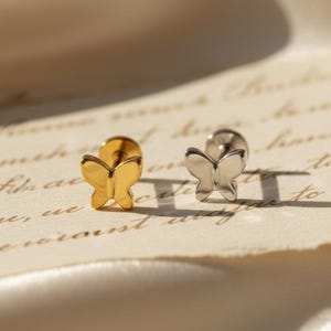 Butterfly Stud Titanium Earrings, 18K Gold Dainty Butterfly Earrings, Tiny Gold Butterfly 6/8/10mm Internally Threaded Flat Back Stud