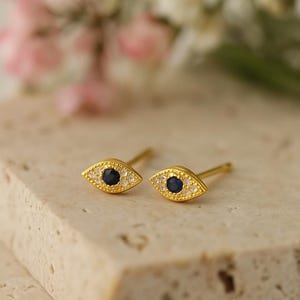 Tiny Evil Eye Stud Earrings,18K Gold Eye stud, Stacking Earrings, 925 Sterling Silver, Minimalist Earring, CZ Crystals, Evil Jewelry For Her