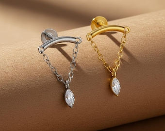 16G Titanium Vertical Dangle Hidden Helix Piercing, 18K Gold Threaded FlatBack Stud, Hidden Rook/Cartilage/Conch/Tragus Drop Earring