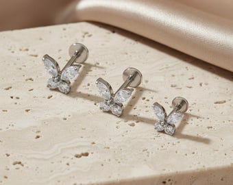 16G Tiny Butterfly Titanium Inner Spiral Stud, Butterfly Flat Back Earring /Tragus/Conch/Helix Stud/Cartilage Stud/Nose Stud/Tiny Gold Studs