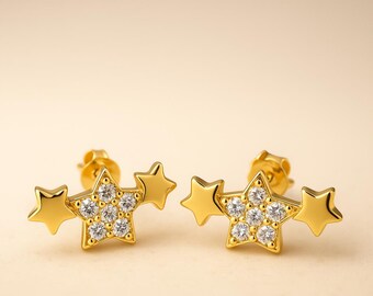 Three  Star Stud Earrings in Sterling Silver, Shooting Star Earrings, Minimalist Diamond Earrings, Celestial Jewelry, Gift for Her