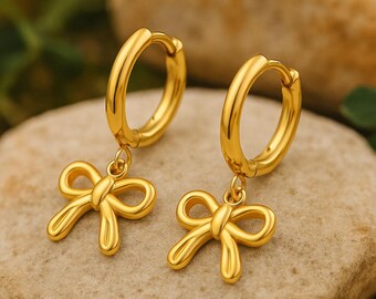 Pendientes de aro con lazo delicado, dorados o plateados, con colgante de coqueta, de acero inoxidable con lazo de cinta, regalo de Navidad para ella.