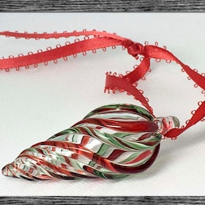 Hand Blown Glass Teardrop Christmas Ornament with Transparent Red & Green Swirls