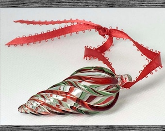 Hand Blown Glass Teardrop Christmas Ornament with Transparent Red & Green Swirls