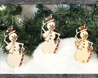 Personalized Snowman Ornaments for Christmas Tree, Holiday Decorating Handmade and Painted - Laser Cut Wood