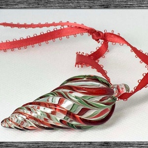 Set of 3 Hand Blown Glass Teardrop Christmas Ornament in Clear with a twist of Red and Green Christmas Colors OR Penn State Blue and White