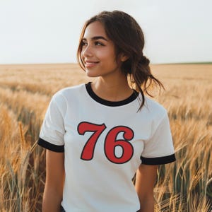 Retro Graphic Ringer T-Shirt, Vintage Style Tee with 76 Design, Brandy Melville Inspired Shirt, 70's Tee, 76 Retro Tee, Retro Shirt