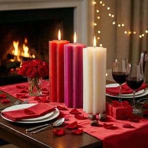 May include: A romantic table setting with three lit pillar candles in red, magenta, and cream. Red rose petals and a bouquet of roses are scattered on a red runner. Wine glasses and a small gift box complete the scene.