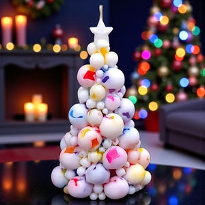 May include: A colorful Christmas tree-shaped candle. The candle is made of white, round wax balls with colorful accents of pink, blue, yellow, and orange. A white star tops the tree. The candle sits on a black surface.
