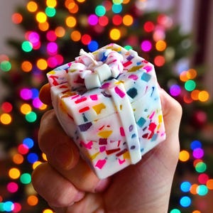 May include: A white, gift-shaped candle with colorful confetti-like accents. The candle is tied with a white ribbon and bow. The background is a blurred display of Christmas lights.