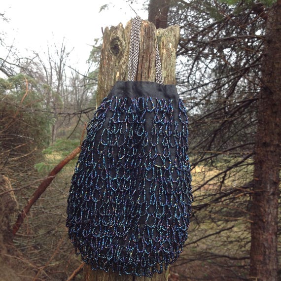 Vintage Beaded Purse / Iridescent Blue Beaded Frin