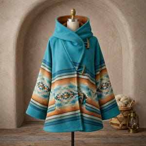 May include: A turquoise hooded coat with a Southwestern-inspired pattern in shades of orange, blue, and cream. The coat features wooden toggle closures and a cozy design, perfect for cooler weather. The coat is displayed on a mannequin.