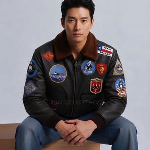 New Celebrity Black Leather Jacket Brown Fur Embroidery patches, Men's Maverick T-G Cruise Pilot Flight Bomber Tom Cruise