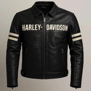 May include: Black leather jacket with the text "HARLEY-DAVIDSON" across the chest. The jacket has a zip-up front, a collar, and two cream-colored stripes on each sleeve. The jacket has a classic motorcycle jacket design.