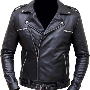 The Walking Dead Negan Black Real Leather Jacket Men's Jeffrey Dean Morgan Biker Motorcycle Cosplay Coat