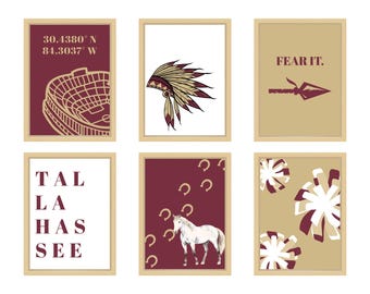 Juego de 6 decoraciones para dormitorios universitarios de la Universidad Estatal de Florida, descarga digital, Seminoles, 6 x 8