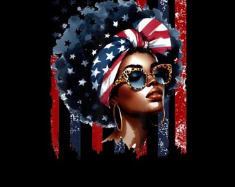May include: Illustration of a woman with dark skin wearing sunglasses with a leopard print frame and a headscarf patterned with the American flag. Her hair is styled in an afro with stars. Red and blue stripes are in the background.