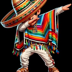 Peut inclure: Un personnage de dessin animé portant un poncho coloré et un grand sombrero, effectuant une danse de dab.