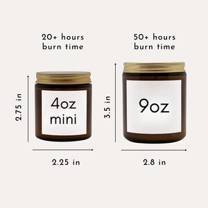 May include: Two brown glass candle jars with gold lids. The smaller jar is 4oz and has a burn time of 20+ hours. The larger jar is 9oz and has a burn time of 50+ hours. Both jars are labeled with their size and burn time.