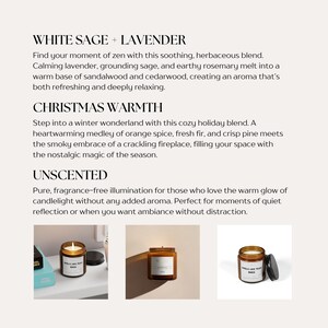 May include: Three glass candle jars with lids. The candles are labeled "White Sage + Lavender", "Christmas Warmth", and "Unscented".
