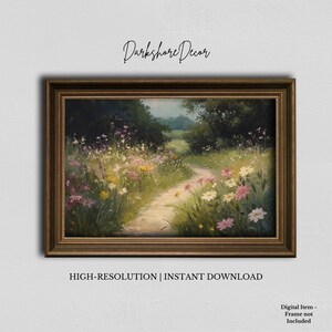 Printable Blooming Countryside Trail Framed Canvas Wildflower Pathway Painting Rustic Landscape Wall Art Country Cottagecore Decor
