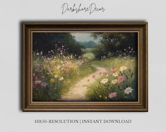 Printable Blooming Countryside Trail Framed Canvas Wildflower Pathway Painting Rustic Landscape Wall Art Country Cottagecore Decor