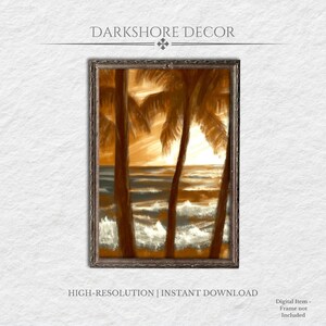 Printable Painting of Golden Horizon Palms Serene Tropical Ocean Sunset Scene Digital Download Coastal Wall Art Seaside Minimalist Decor