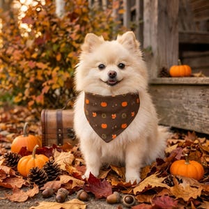 May include: A cream-colored Pomeranian dog wearing a dark brown triangular bandana featuring a repeating pattern of small orange pumpkins and autumn leaves, sitting among scattered brown fall leaves, pinecones, and small orange pumpkins.