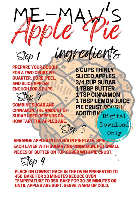 Apple Pie Recipe Png Printable Recipe Printable Digital - Etsy