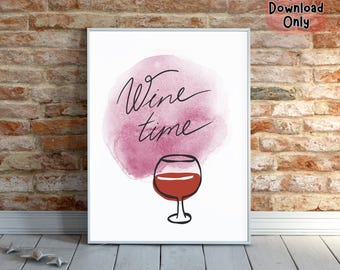 Arte mural "Tiempo de vino", impresión de vino tinto, póster de copa de vino en acuarela, decoración de bar y cocina, arte minimalista moderno, impresión digital de descarga.